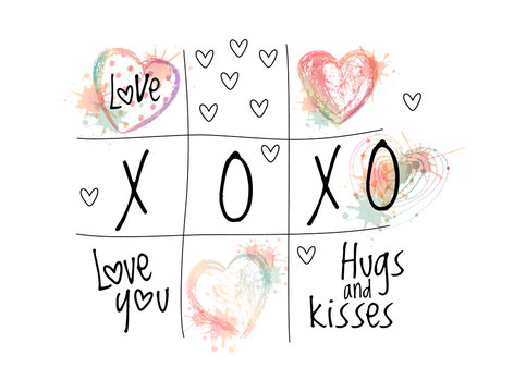 Abstract tic tac toe with vector ombre doodle hearts. Valentines day symbols.
