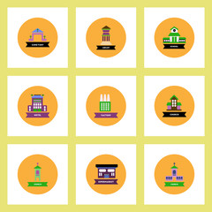 building Collection of stylish vector icons in colorful circles different kinds of buildings