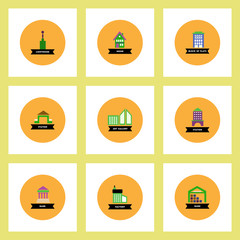 building Collection of stylish vector icons in colorful circles different kinds of buildings