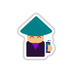 Vector illustration of Chinese new year celebration in paper sticker style Chinese man face in traditional dress with drink