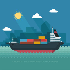 Landscape s sailing ship. Carrier, Containers on the Container S