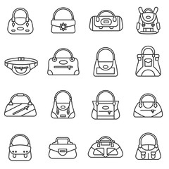 Bags icons set. Men's and women's handbags, thin line design. Bag for work, travel, backpack, linear symbols collection. Various range. isolated vector illustration.
