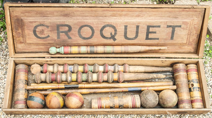 Antique wooden croquet box set