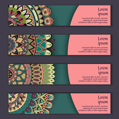 Banner card set with floral colorful decorative mandala elements background.