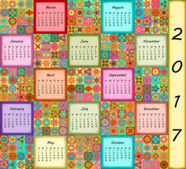 Calendar 2017. Vintage decorative colorful elements. Ornamental floral oriental pattern, vector illustration.