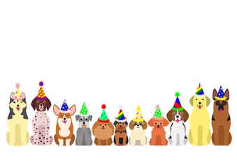 small and large dogs border set with colorful party hat