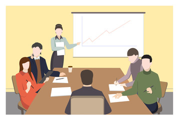 Business characters. Working people, meeting, teamwork.conference table, brainstorm. Workplace. Office life. Flat design vector illustration.
