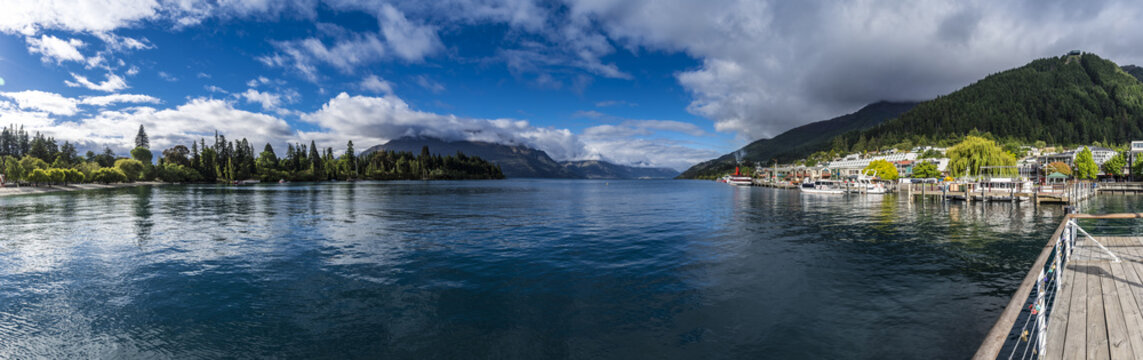 Panorama view of Queenstown wharf, New Zealand