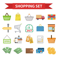 Shopping icon set, flat style. Shop icons collection isolated on white background. Store objects and items. Vector illustration, clip-art