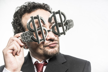 Stubborn, Greed and money, businessman with dollar-shaped glasse