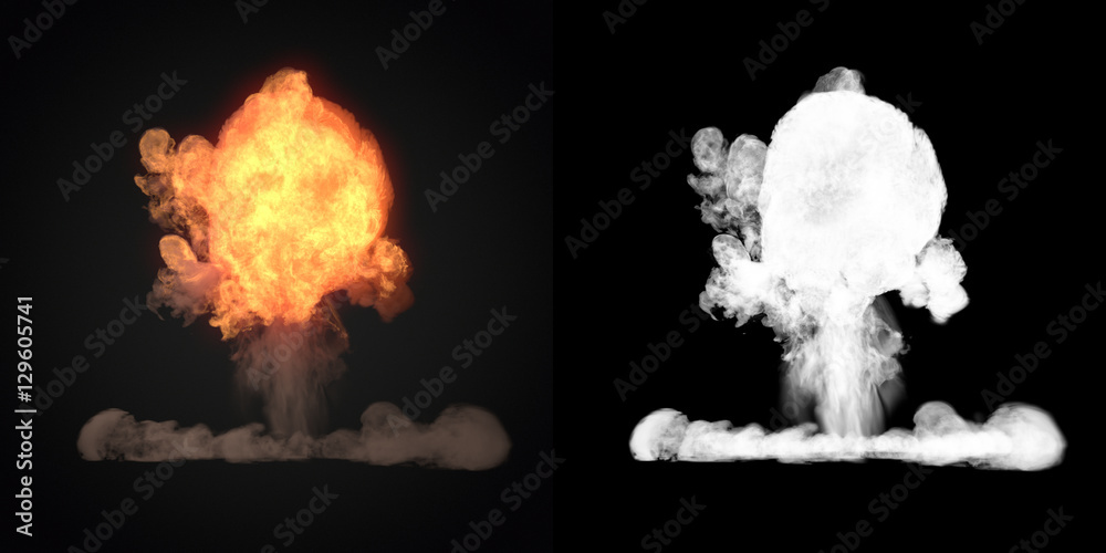 Poster large explosion with black smoke in dark 3d rendering