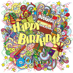 Happy Birthday doodle greeting card on background with celebration elements.