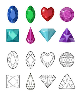 Gems and cut line set. Different facets for crystals. Jewelry collection isolated on white background. Diamonds cut. Realistic, cartoon style. Vector illustration, clip art