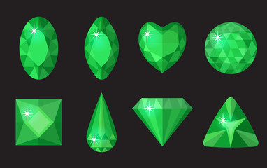 Green gems set. Jewelry, crystals collection isolated on black background. Emerald, diamonds of different shapes, cut. Colorful green gemstones. Realistic, cartoon style. Vector illustration, clip art