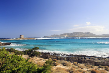 Fototapeta premium Stintino, in Sardegna mare e cielo, acqua e rocce, acqua limpida, sole sull'isola.