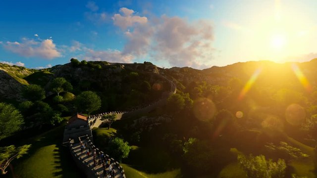 Aerial flight over Great wall of China filled with turists at sunrise