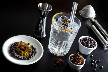 Gin tonic drink cocktail fancy glass black background tonic water ice garnish fresh fruit craft...