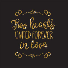Love text. Romantic lettering with glitter. Golden sparkles