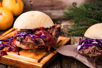 Homemade bbq beef burger with crunchy red cabbage slaw