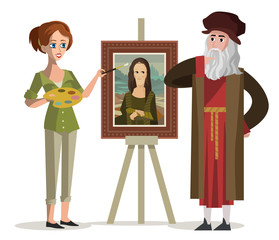 woman painting a mona lisa with da vinci 