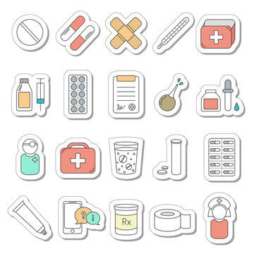Set of 20 medical line icons. Vector collection of health and medicine. Volume sticker style.