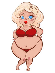 Cartoon fat woman in red underwear as a vector illustration. 