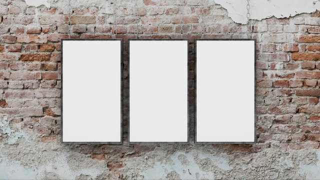 three blank photo frames on brick wall 3d rendering
