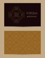 Two sided business card . Ornamental design template with front and back side, logo and decorative pattern. Vector illustration