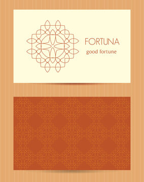 Two sided business card . Ornamental design template with front and back side, logo and decorative pattern. Vector illustration