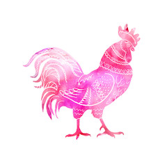 Watercolor rooster on free pink paint designs abstract background with hand drawn ornaments. Hand drawn chinese zodiac symbol of New Year 2017. Bird, cockerel, cock. Greeting card design template