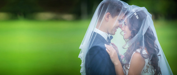 Beautiful young newlyweds going to kiss under veil
