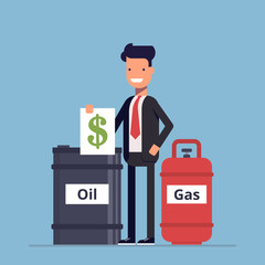 Businessman or manager sells a barrel of oil and gas. Business extraction natural resources. Global Currency. Black Gold. Vector, illustration EPS10.