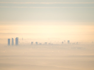 Artistic view of Madrid city with fog in the morning - obrazy, fototapety, plakaty