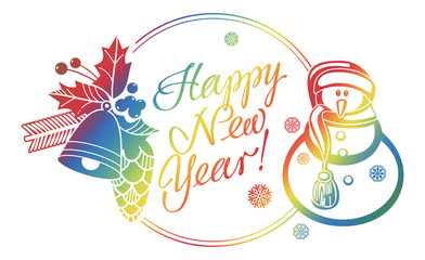 Holiday label with funny snowman and written greeting 