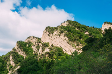 Fototapeta na wymiar Mtskheta Georgia. White Limestone Mountain Overgrown With Green 