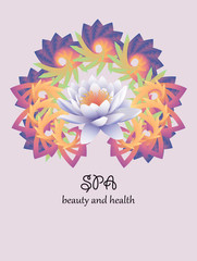 Logo lotus . Indian style . Gentle color . Lily flower  on a background pattern mandala. Line length of Buddhism, yoga and spa salon. Vector illustration . 