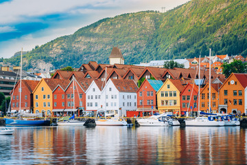 View of historical buildings, Bryggen in Bergen, Norway. UNESCO  - obrazy, fototapety, plakaty