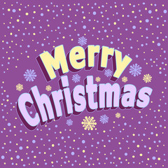 Merry Christmas inscription with 3d effect  and  with confetti in cartoon  style  on lilac