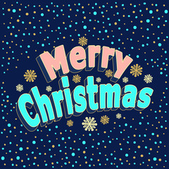 Merry Christmas inscription with 3d effect  and  with confetti in cartoon  style  on dark blue
