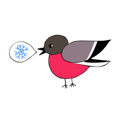 Hand drawn bullfinch says snowflake. Isolated element.