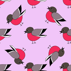 Hand drawn bullfinch pink diagonal seamless pattern