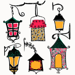 Set of vintage street luminescent lanterns hanging on a decorative brackets. Vector. Outdoor lamp