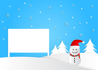 snowman and christmas tree with sign, christmas background, vector, copy space for text, illustration, paper art and origami style