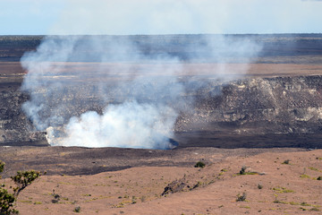 Sulfur fumes raising from the Kilauea Caldera seen from the Jaggar Museum overlook at the Hawaii Volcanoes National