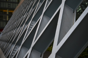 Close up detail of iron beams within a larger building in Seattle
