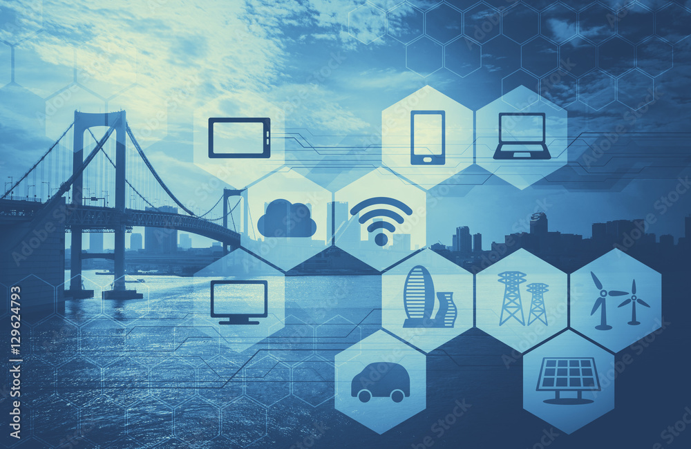 Poster duotone graphic of smart city and internet of things, abstract image visual
