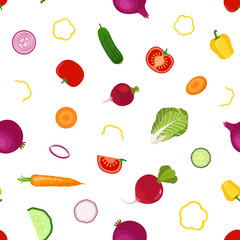 Whole, slices vegetables seamless pattern in flat style. Vegetar
