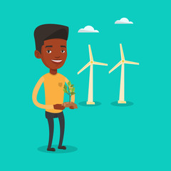 Man holding green small plant vector illustration.