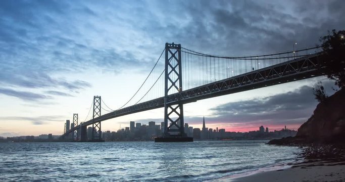 Spectacular sunset panorama view of the Bay Bridge with downtown San Francisco in the background. Bay Bridge is the awesome Bridge that links San Francisco and Oakland.