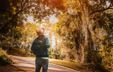 Fototapeta premium Happy man traveler standing in forest and feel relaxing at sunset time,travel concept